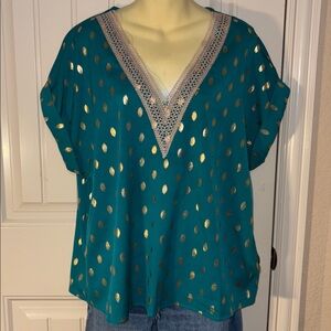 SHEIN XL Teal and Gold dot V-Neck Top